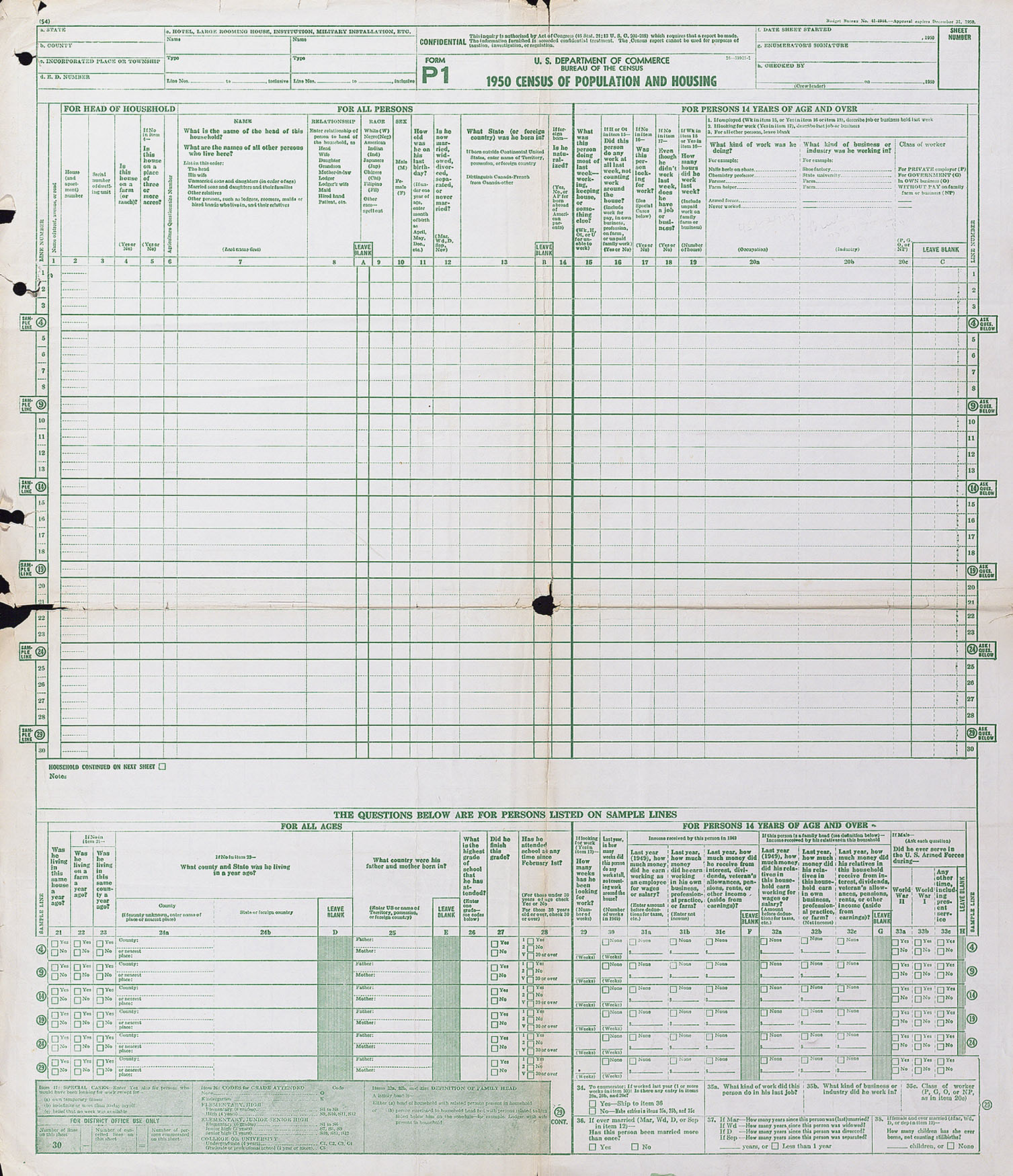 1950 Census Enumeration Form