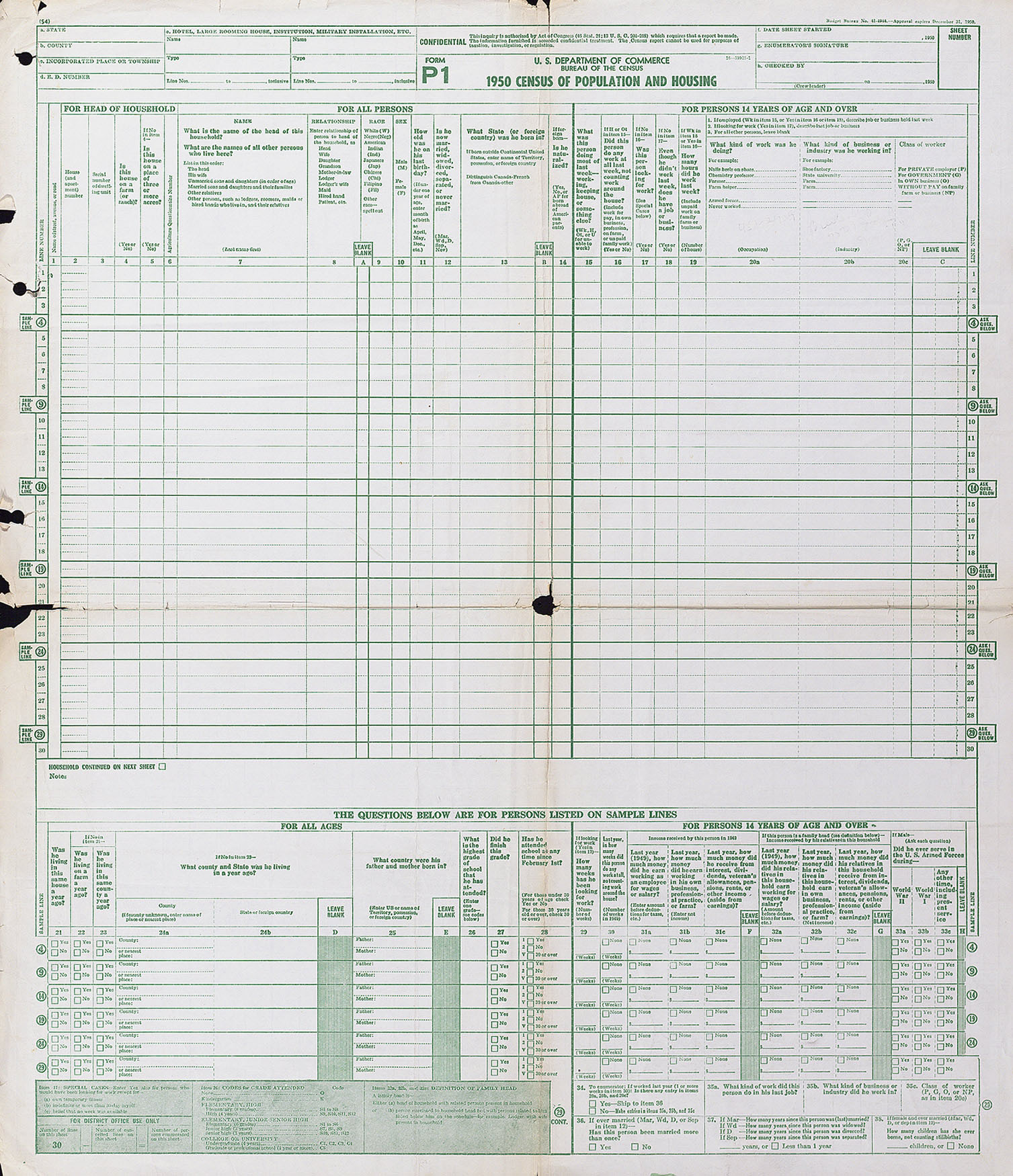 1950 Census Of Population And Housing Population Form